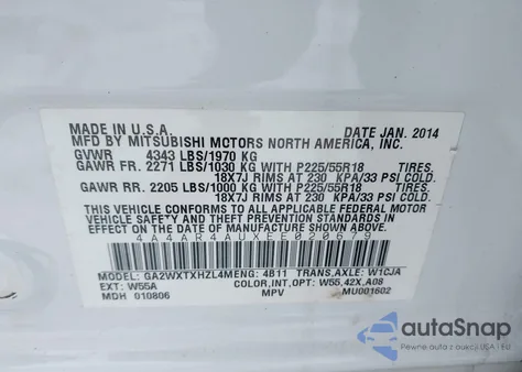 2014 Mitsubishi Outlander Sport Se z USA, uszkodzony, nr VIN 4A4AR4AUXEE020679